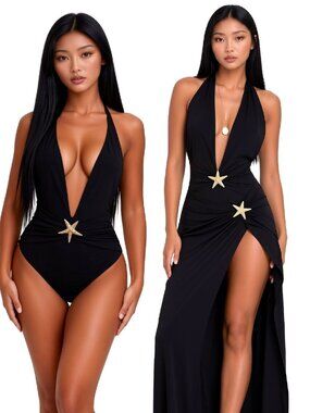 Small Black Swimsuit & Skirt Cover Up Set Halter Starfish Backless Design NWOT